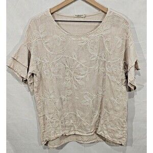 Made in Italy 100% Linen Top Women's S Ecru Embroidered Romantic Lagenlook Boho